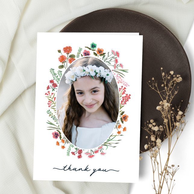 Cartão De Agradecimento Primeira Comunhão de Wildflower (Wildflower First Holy Communion Thank You Card)