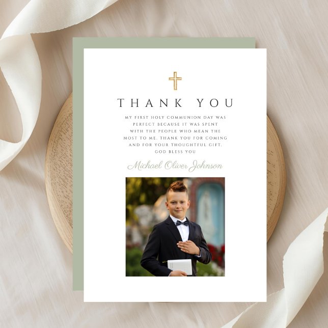 Cartão De Agradecimento Primeira Comunhão Elegante Cross Boy (Elegant Cross Boy First Communion Thank You Card)