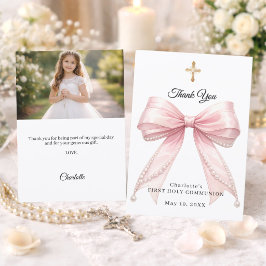 Cartão De Agradecimento Primeira Comunhão laço rosa pérolas foto menina
