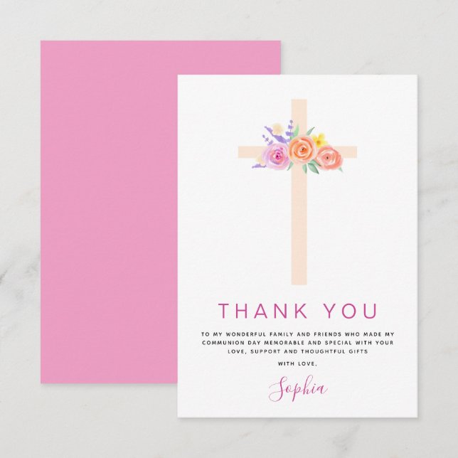 Cartão De Agradecimento Primeira Comunhão Obrigado Rosa Rosa Rosa Floral (Frente/Verso)