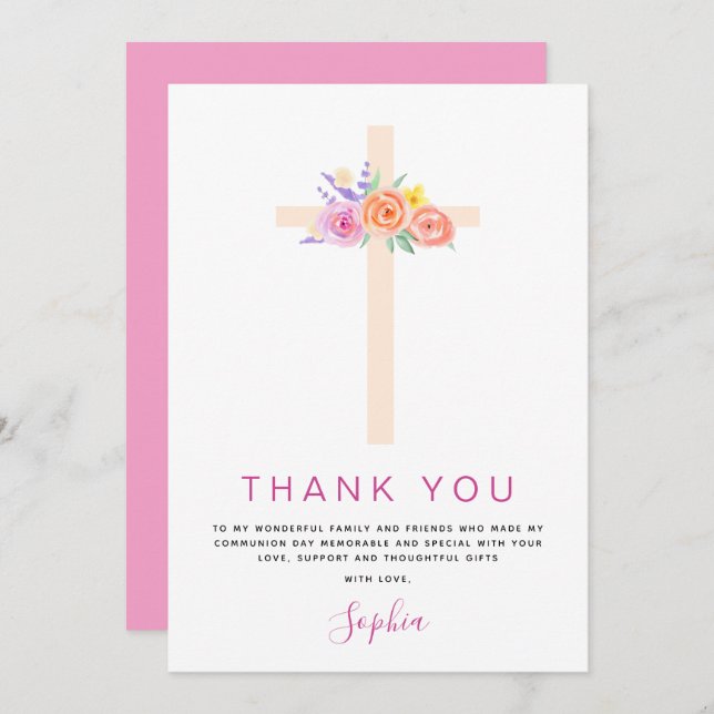 Cartão De Agradecimento Primeira Comunhão Obrigado Rosa Rosa Rosa Floral (Frente/Verso)