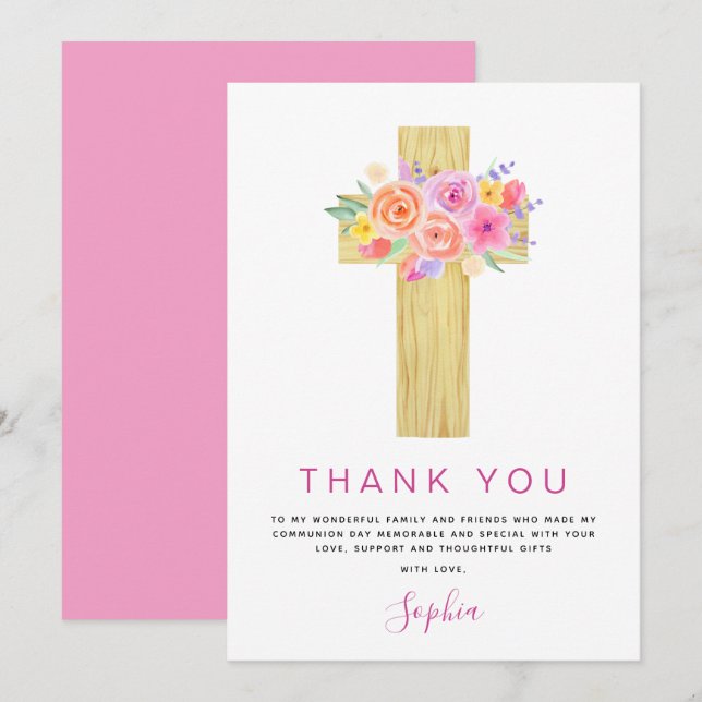 Cartão De Agradecimento Primeira Comunhão Obrigado Rosa Rosa Rosa Floral (Frente/Verso)