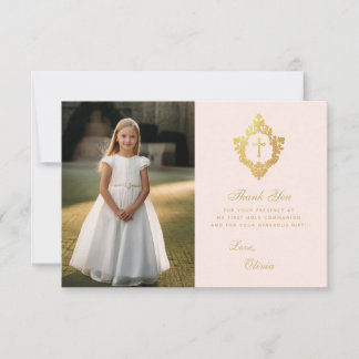 Cartão De Agradecimento Primeira Comunhão Rosa Dourado Elegante Crista Fot