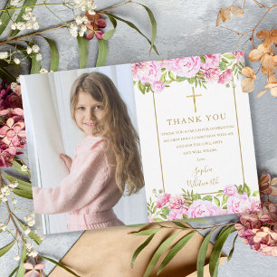 Cartão De Agradecimento Primeira Comunhão Sagrada Rosas Floral Foto