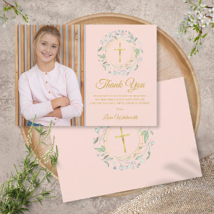 Cartão De Agradecimento Primeira Comunhão Sagrada Verdura Rosa Bege Foto