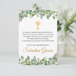 Cartão De Agradecimento Primeira Comunhão Verde Editável em Cuta Espanhol