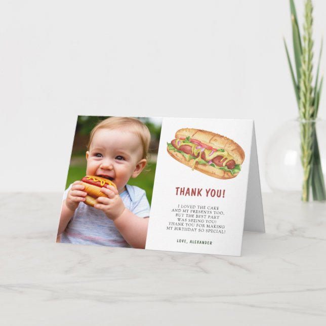 Cartão De Agradecimento Primeira Festa de aniversário de Cachorro Quente d (Frente)