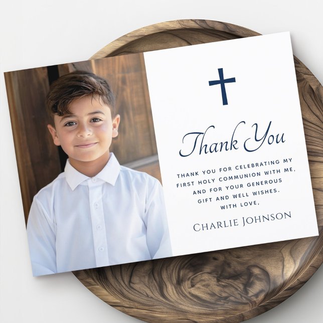 Cartão De Agradecimento Primeira Sagrada Cruz Fotografia Azul-escuro (First holy communion cross photo dark blue white thank you card)