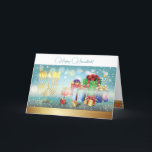 Cartão De Agradecimento Primeira Vela do Festival de Luzes de Hanukkah<br><div class="desc">Primeira Vela de Hanukkah. Feliz Festival de Chanucá de Luzes Belo convite de festas Cartão de Férias Judaico. Lindo fundo de Chanukkah, Feriado Judaico, com símbolos decorativos tradicionais de Chanuka - sonhos de madeira (topo de fiação), rosquinhas, hanukkiah menorah, velas, estrela de David e padrão de ouro de papel de...</div>