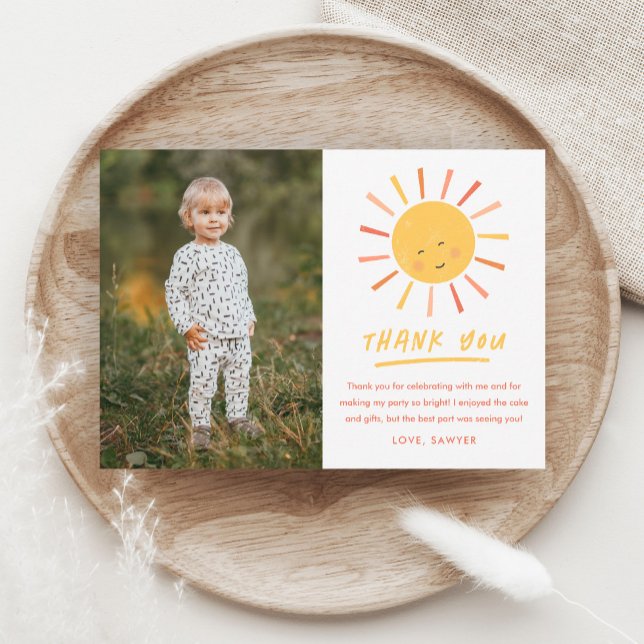 Cartão De Agradecimento Primeira Volta ao Sol Foto de Aniversário Infantil (Hand-drawn modern sun illustration photo kids birthday party thank you note card.)