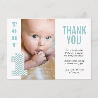 Cartão De Agradecimento Primeiro aniversario Baby Aqua Chevron Obrigado Fo