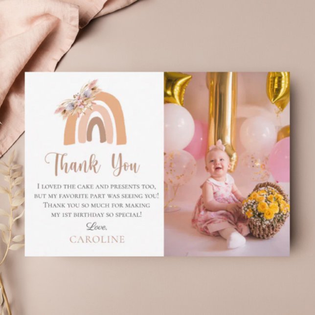 Cartão De Agradecimento Primeiro Aniversário Bohemian Floral Rainbow Paste (Criador carregado)