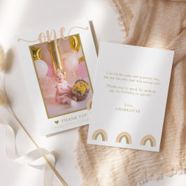 Cartão De Agradecimento Primeiro Aniversário Boho Arco-íris Rosa Dourado F