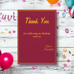 Cartão De Agradecimento Primeiro aniversario De Brilhante Mínimo E Delicad<br><div class="desc">Este elegante Cartões de agradecimentos de burgundy e aniversário de ouro é perfeito para um aniversário moderno. o simples design apresenta uma elegante caligrafia de ouro num fundo de burgundy.</div>