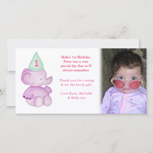 Cartão De Agradecimento Primeiro aniversario de Elefante para Bebês Obriga (Frente)