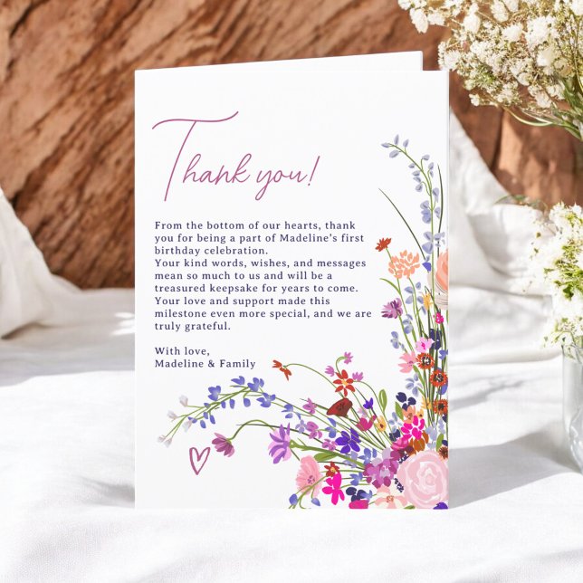Cartão De Agradecimento Primeiro aniversario de Flores Florais Modernas (Modern Cute Floral Wildflowers 1st birthday Thank You Card)