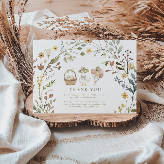 Cartão De Agradecimento Primeiro aniversario de Ganso Bobo de Flor Selvage (Criador carregado)