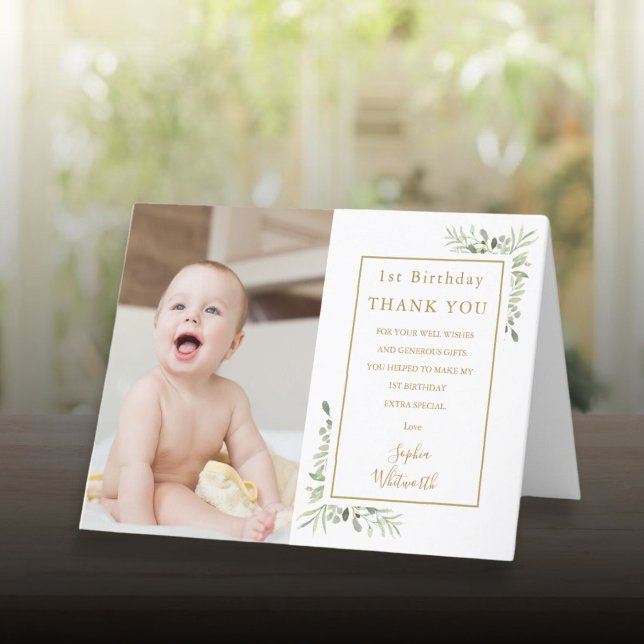 Cartão De Agradecimento primeiro aniversario Elegante Dourado Greenery Fot (1st Birthday Elegant Gold Greenery Photo Thank You Card)