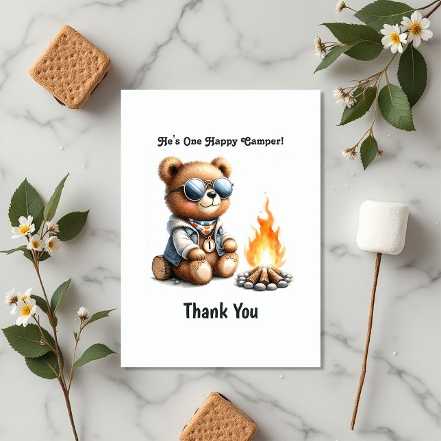 Cartão De Agradecimento Primeiro aniversario "Um Campista Feliz" do Urso C (Bear Camping Boy "One Happy Camper" 1st Birthday Thank You Card)
