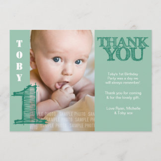 Cartão De Agradecimento primeiro aniversario Verde Do Baby Boy Obrigado Ca