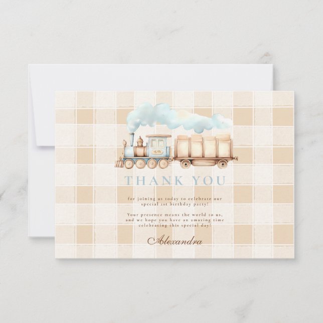 Cartão De Agradecimento Primeiro aniversario Vintage Train (Frente)