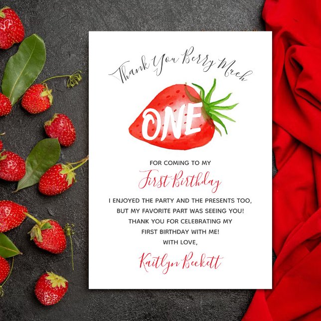 Cartão De Agradecimento Primeiro primeiro aniversario de morango doce (Criador carregado)