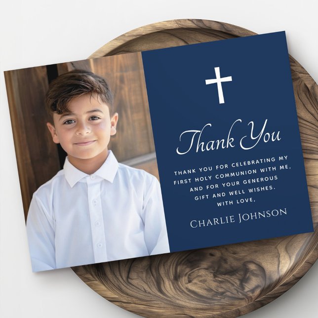 Cartão De Agradecimento Primeiro símbolo de comunhão sagrado foto azul-esc (First holy communion cross photo dark blue thank you card)