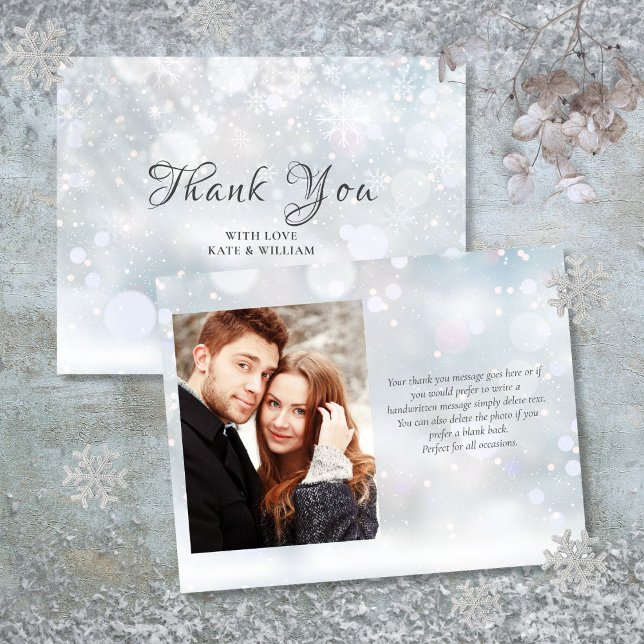 Cartão De Agradecimento Primeiros Flocos de Neve do Inverno Elegante Foto  (First Winter Snowflakes Elegant Script Photo Thank You Card)