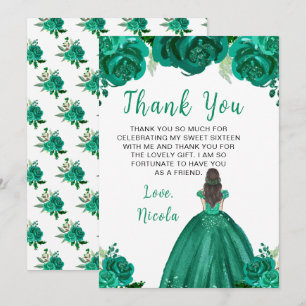 Cartão De Agradecimento Princesa de Cabelo Castanho Floral Verde Sweet Six