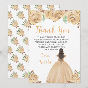 Cartão De Agradecimento Princesa de Cabelo Castanho Peach Floral Quinceane