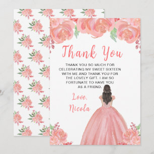 Cartão De Agradecimento Princesa de Cabelo Castanho Pink Floral Sweet Sixt