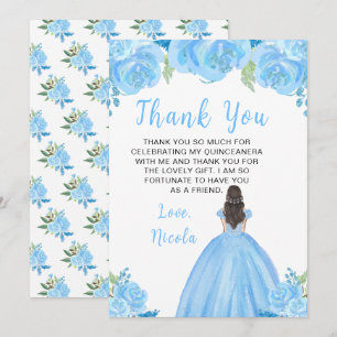 Cartão De Agradecimento Princesa de Cabelo Castanho Quinceanera Floral Azu