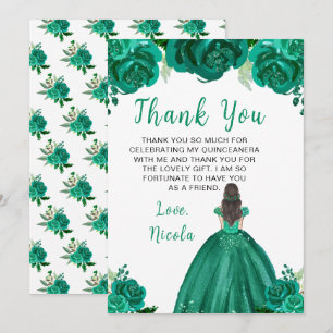 Cartão De Agradecimento Princesa de Cabelo Castanho Quinceanera Floral Ver