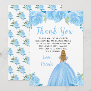 Cartão De Agradecimento Princesa de Cabelo Loiro Quinceanera Floral Azul