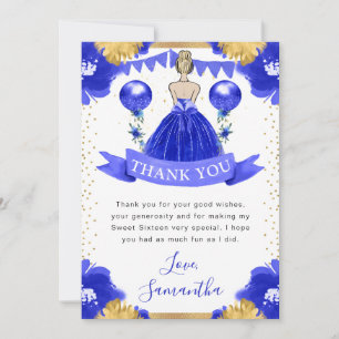 Cartão De Agradecimento Princesa de Cabelo Loiro Vestido Azul Doce 16