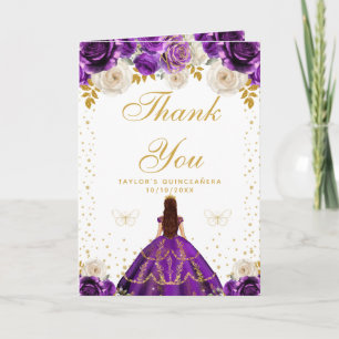 Cartão De Agradecimento Princesa de Floral Roxa Quinceañera