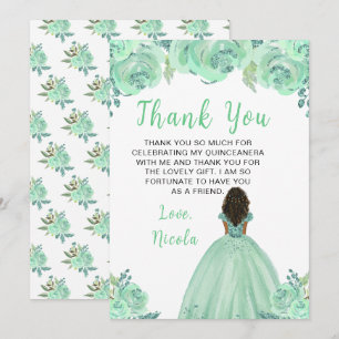 Cartão De Agradecimento Princesa de Pele Escura Floral Mint Quinceanera