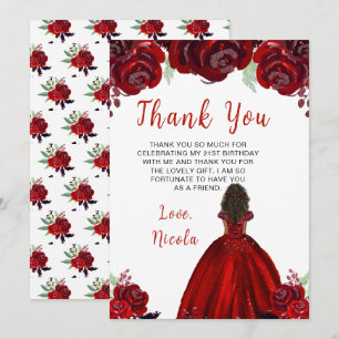 Cartão De Agradecimento Princesa de Pele Escura Floral Vermelho Aniversári