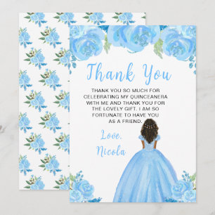 Cartão De Agradecimento Princesa de Pele Escura Quinceanera Floral Azul