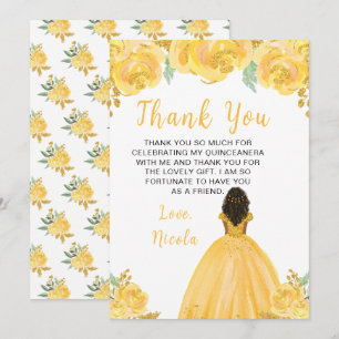 Cartão De Agradecimento Princesa de Pele Escura Quinceanera Floral Dourado