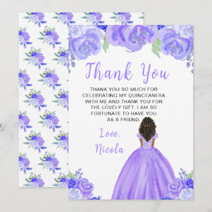 Cartão De Agradecimento Princesa de Pele Escura Quinceanera Floral Roxa