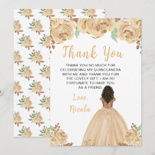 Cartão De Agradecimento Princesa de Pele Escura Rosa Floral Quinceanera