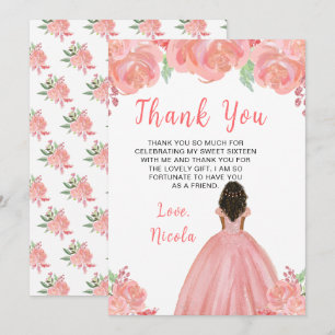Cartão De Agradecimento Princesa de Pele Morena Rosa Floral Sweet Sixteen