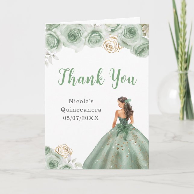 Cartão De Agradecimento Princesa em Sage Green Dress Quinceanera Obrigado (Frente)