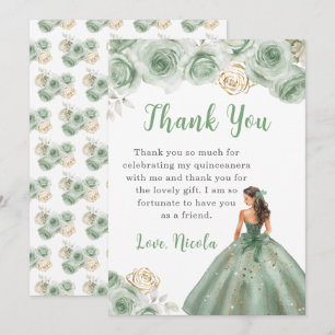 Cartão De Agradecimento Princesa em uma Sage Green Quinceanera Obrigado