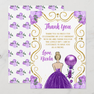 Cartão De Agradecimento Princesa Loira Roxa Feliz Aniversário