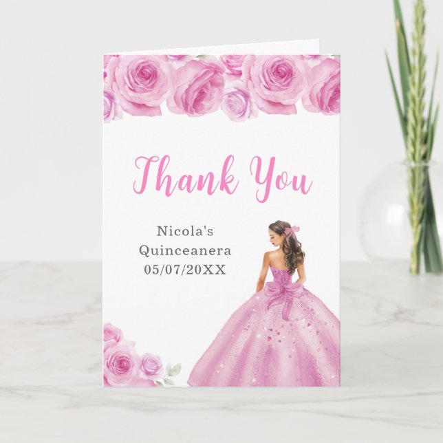 Cartão De Agradecimento Princesa na Rosa claro Quinceanera Obrigado (Frente)
