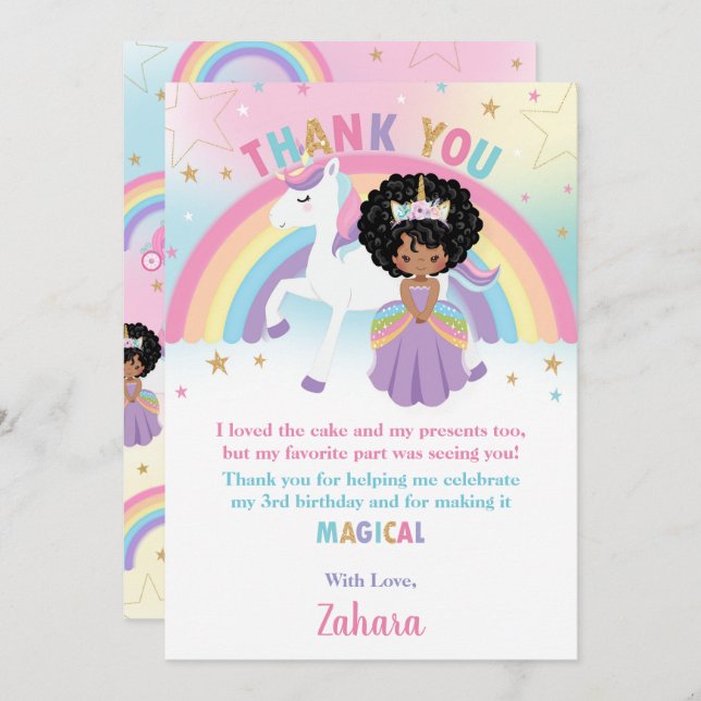 Cartão De Agradecimento Princesa Negra-Africana Rainbow Unicorn Aniversári (Frente/Verso)
