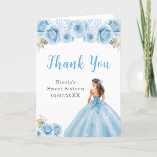 Cartão De Agradecimento Princesa no Vestido Azul Doce Dezesseis Obrigado