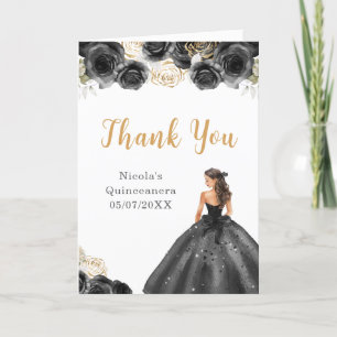 Cartão De Agradecimento Princesa no Vestido Negro Quinceanera Obrigado